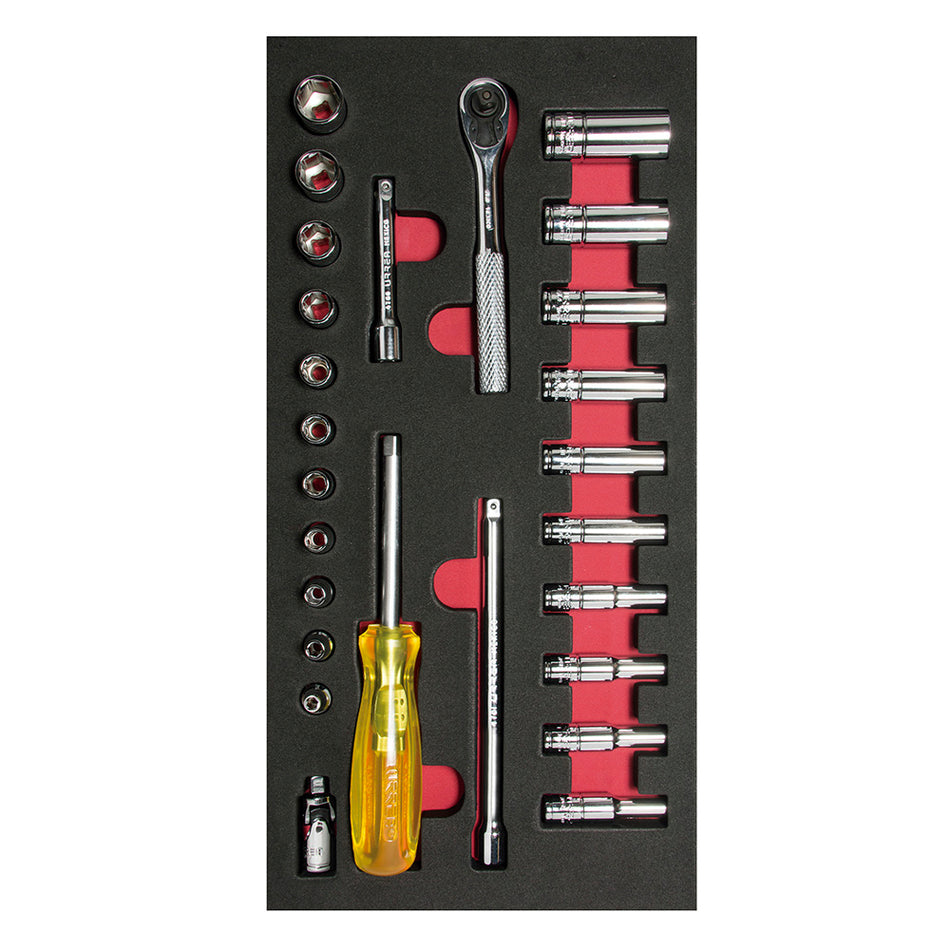 JUEGO DE DADOS CORTOS Y LARGOS Y ACCESORIOS CUADRO DE 1 4 EN PULGADAS 26 PIEZAS SKU CH102