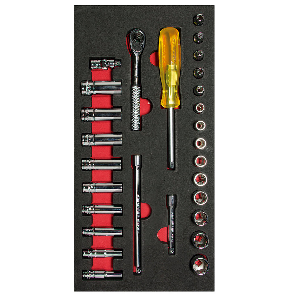 JUEGO DE DADOS CORTOS Y LARGOS Y ACCESORIOS CUADRO DE 1 4 METRICOS 28 PIEZAS SKU CH103