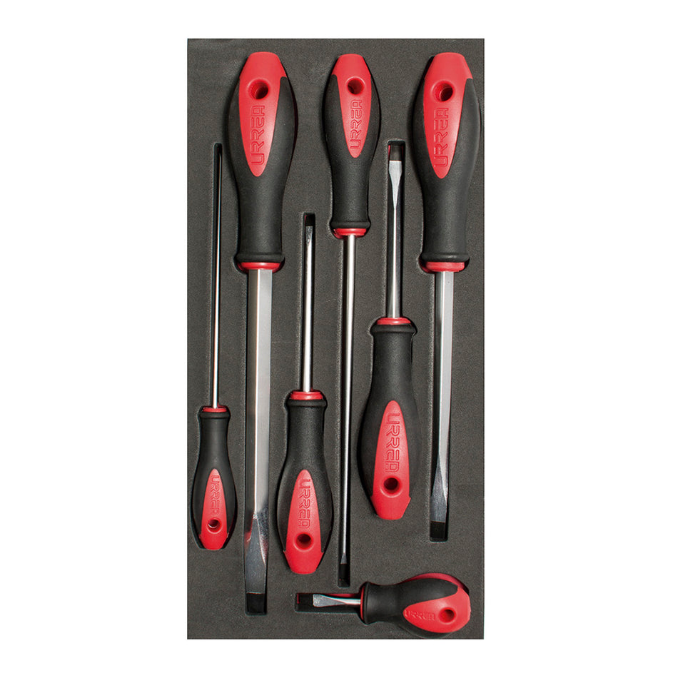 JUEGO DE DESTORNILLADORES MANGO BIMATERIAL PUNTA PLANA BANDEJA EVA 7 PIEZAS SKU CH117