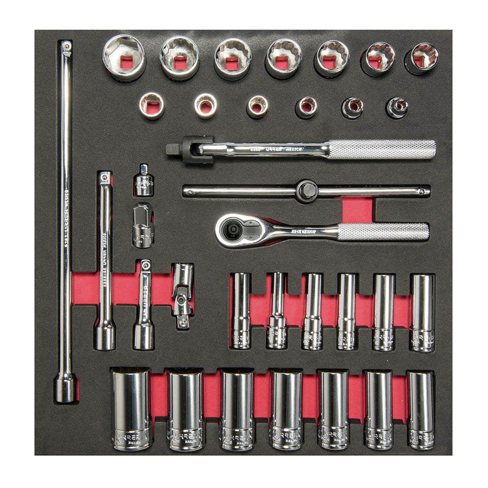 JUEGO DE DADOS CORTOS LARGOS Y ACCESORIOS CUADRO DE 3 8 EN PULGADAS 35 PIEZAS 1 SKU CH201