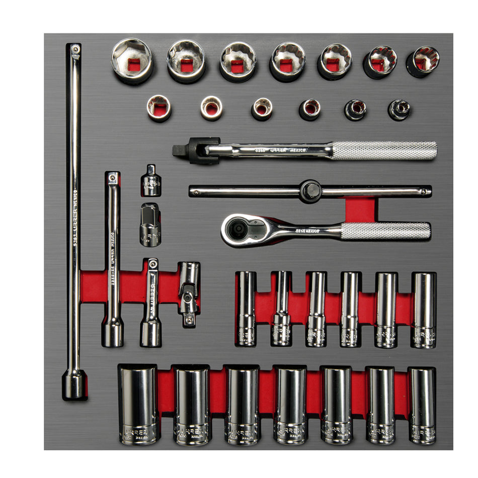 JUEGO DE DADOS CORTOS Y LARGOS Y ACCESORIOS CUADRO DE 3 8 METRICOS 35 PIEZAS SKU CH202L