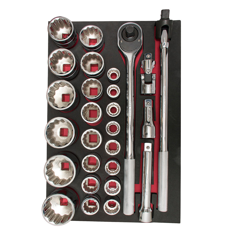 JUEGO DE DADOS CORTOS Y ACCESORIOS CUADRO 3 4 METRICOS 27 PIEZAS SKU CH302