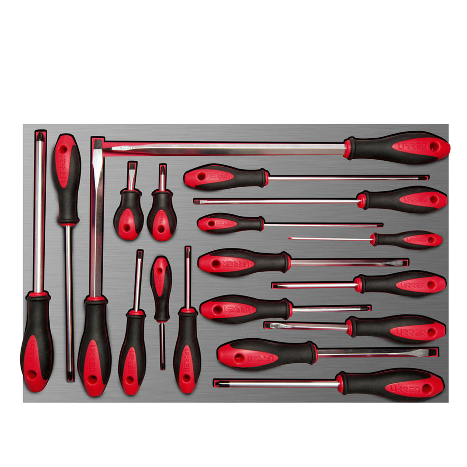 JUEGO DE DESTORNILLADORES MANGO BIMATERIAL VARIAS PUNTAS BANDEJA LAMINADA 19 PIEZAS SKU CH307L