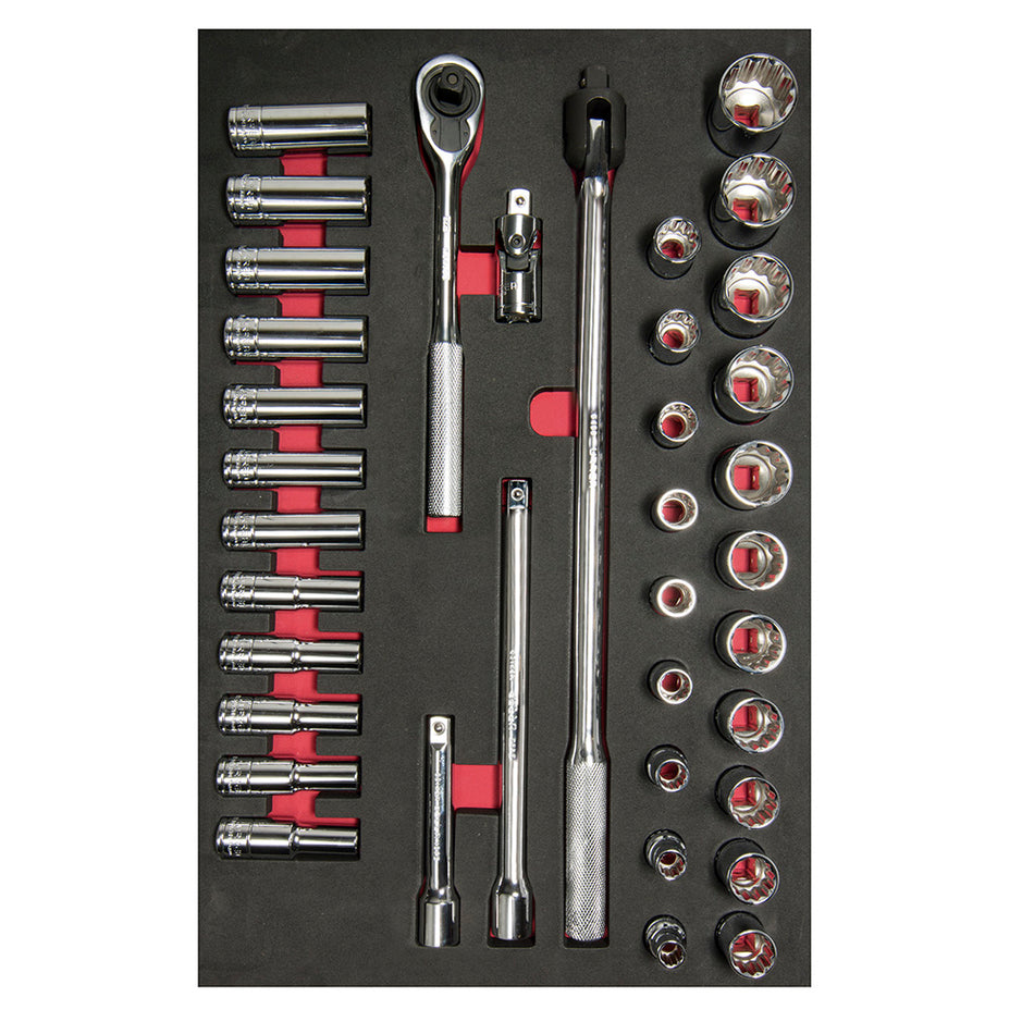 JUEGO DE DADOS CORTOS Y LARGOS Y ACCESORIOS CUADRO DE 1 2 METRICOS 37 PIEZAS SKU CH311