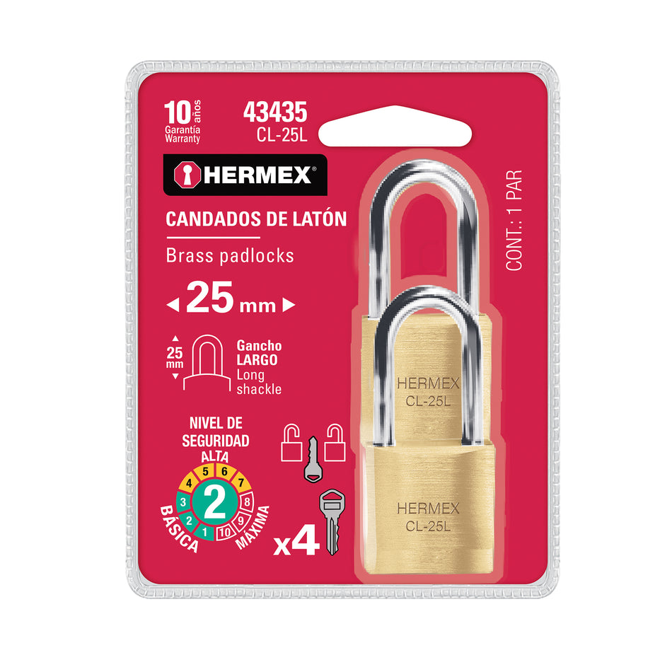 Blíster con 2 candados de latón de 25mm con gancho largo SKU CL-25L