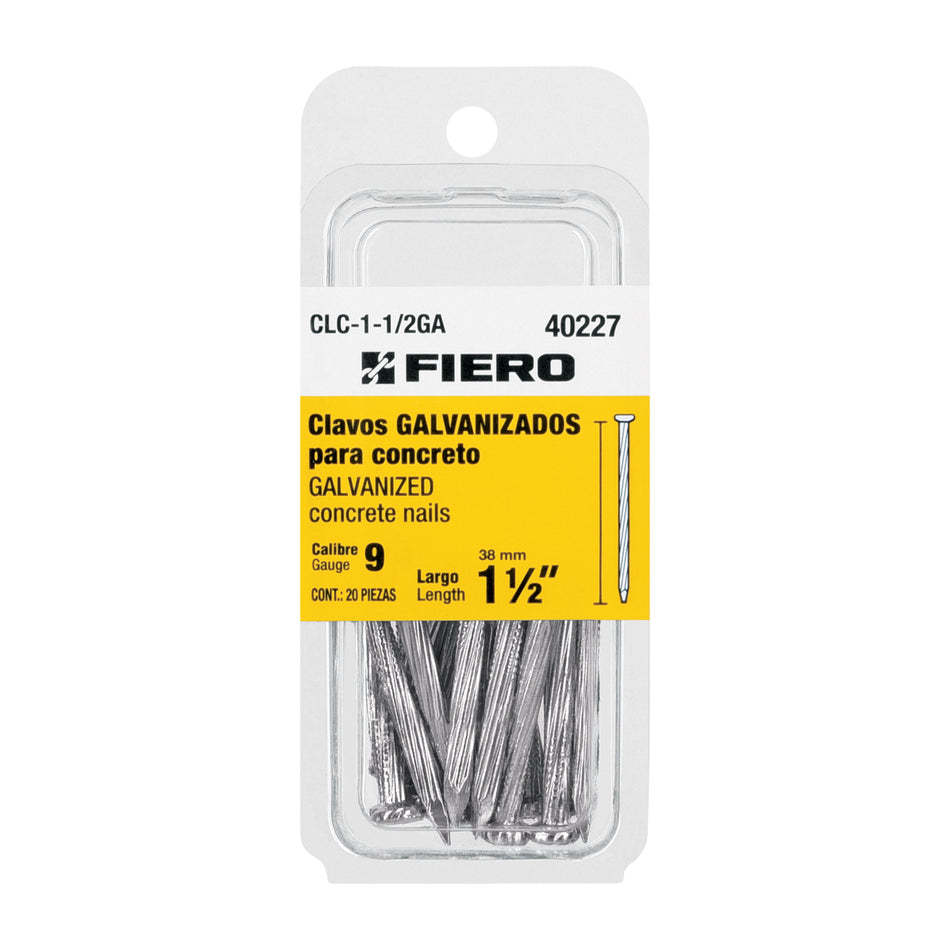 Blíster con 20 clavos galvanizados p/concreto 1-1/2', Fiero SKU CLC-1-1/2GA