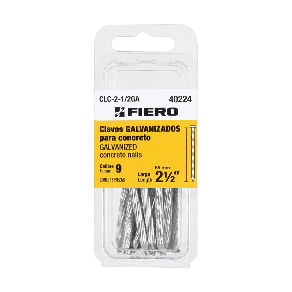 Blíster con 15 clavos galvanizados p/concreto 2-1/2', Fiero SKU CLC-2-1/2GA