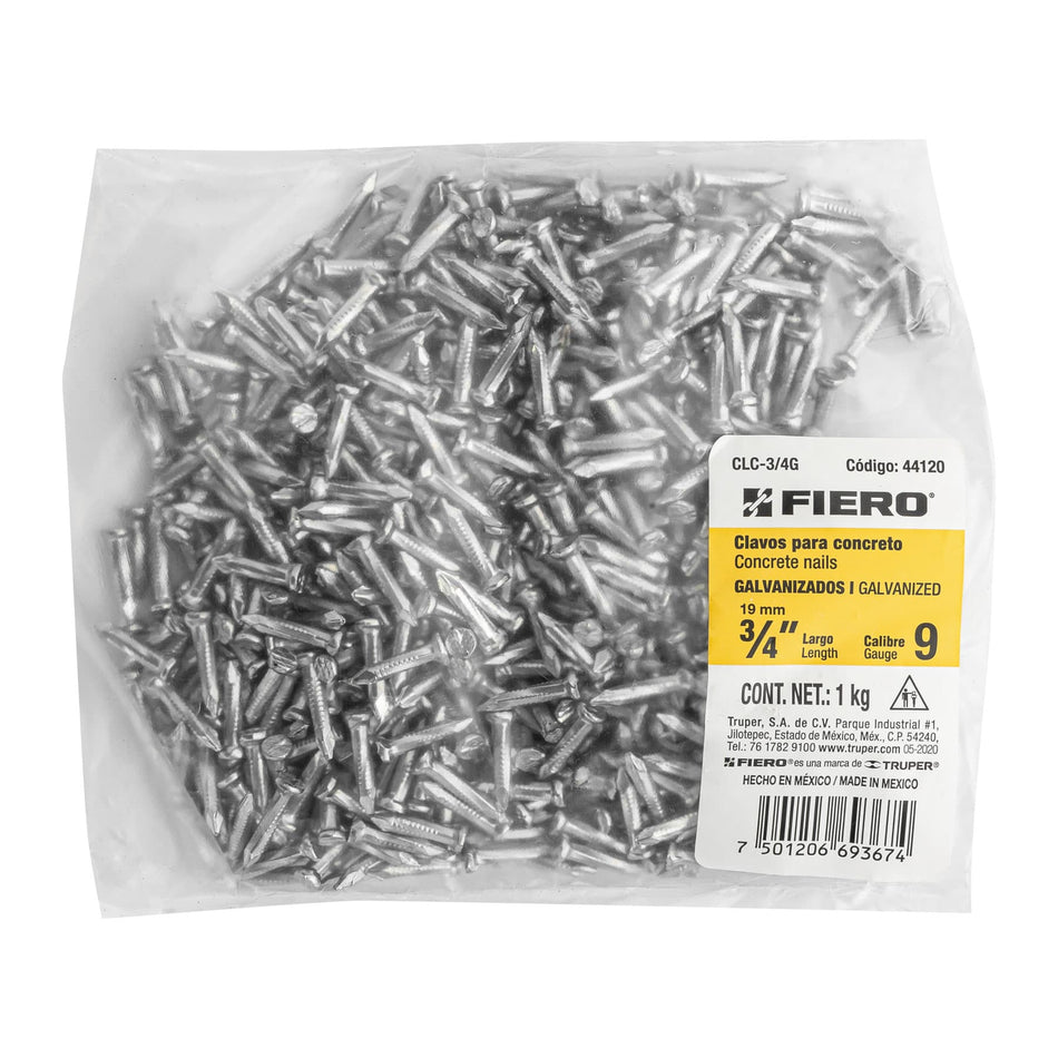 Bolsa con 1 kg de clavos para concreto galvanizados 3/4' SKU CLC-3/4G