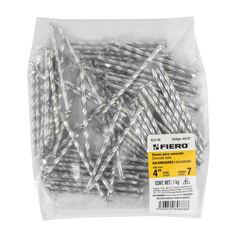 Bolsa con 1 kg de clavos para concreto galvanizados 4' SKU CLC-4G