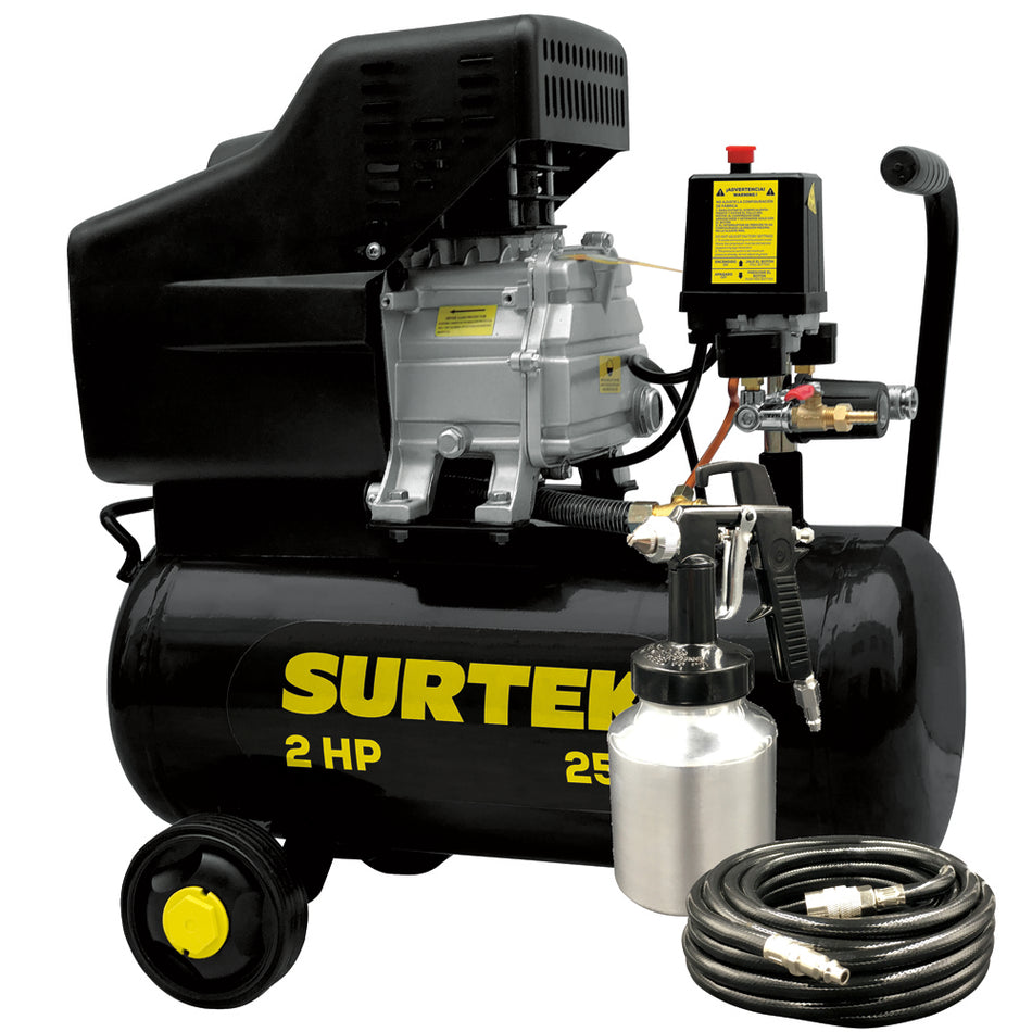 COMPRESOR DE AIRE ELECTRICO LUBRICADO CON PISTOLA Y MANGUERA 25L, 2HP, 127V SKU COMP425K0