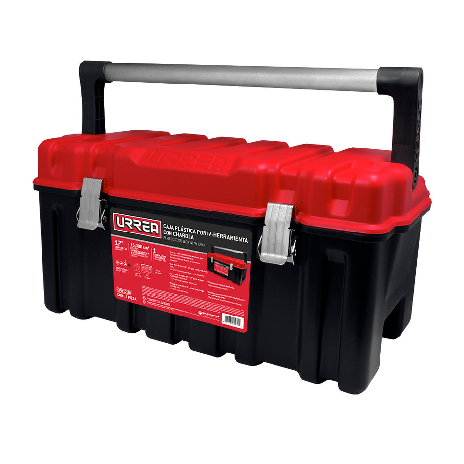 CAJA PORTAHERRAMIENTAS PLASTICA CON BROCHES METALICOS CHAROLA Y TAPA ROJA 17 X 9 X 8 SKU CPU17AR