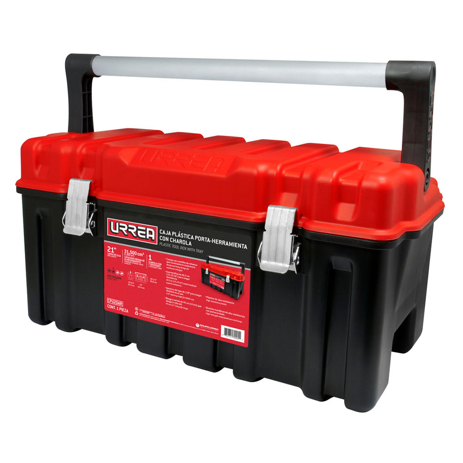 CAJA PORTAHERRAMIENTAS PLASTICA CON BROCHES METALICOS CHAROLA Y TAPA ROJA 21 X 11 X 10 SKU CPU20AR