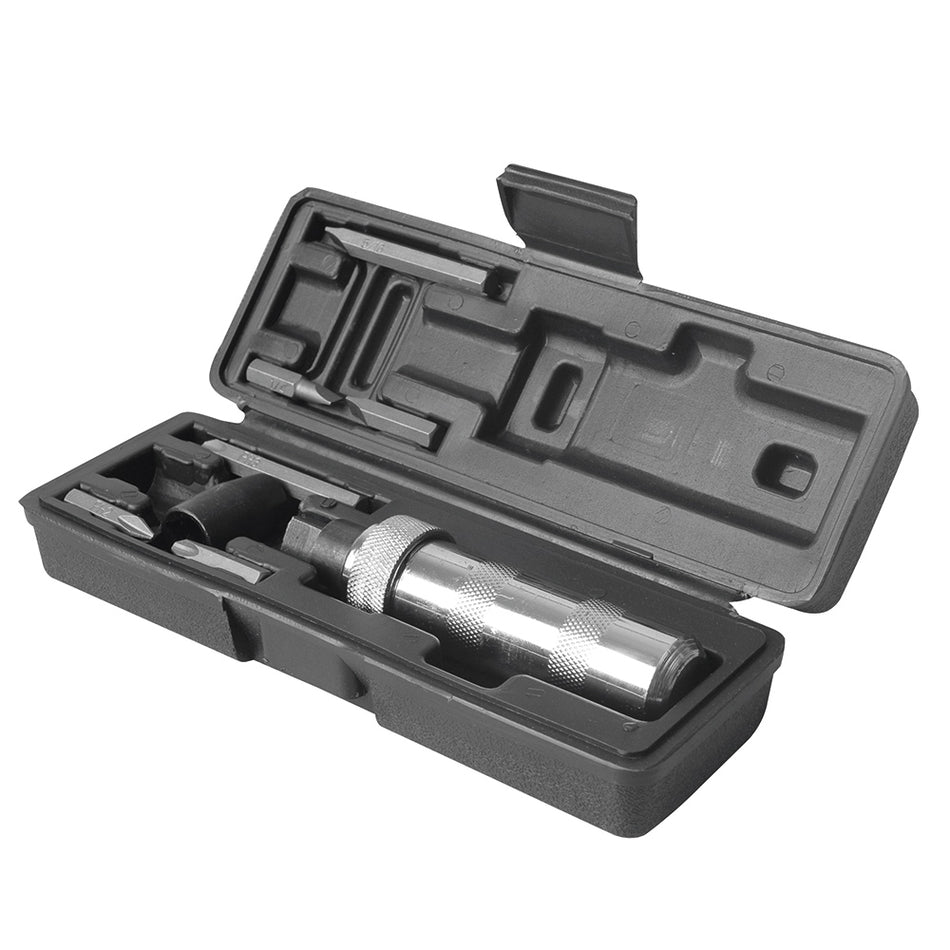 JUEGO DE DESTORNILLADOR DE GOLPE CON PUNTAS INTERCAMBIABLES, 8 PIEZAS EN CAJA PLASTICA SKU D100