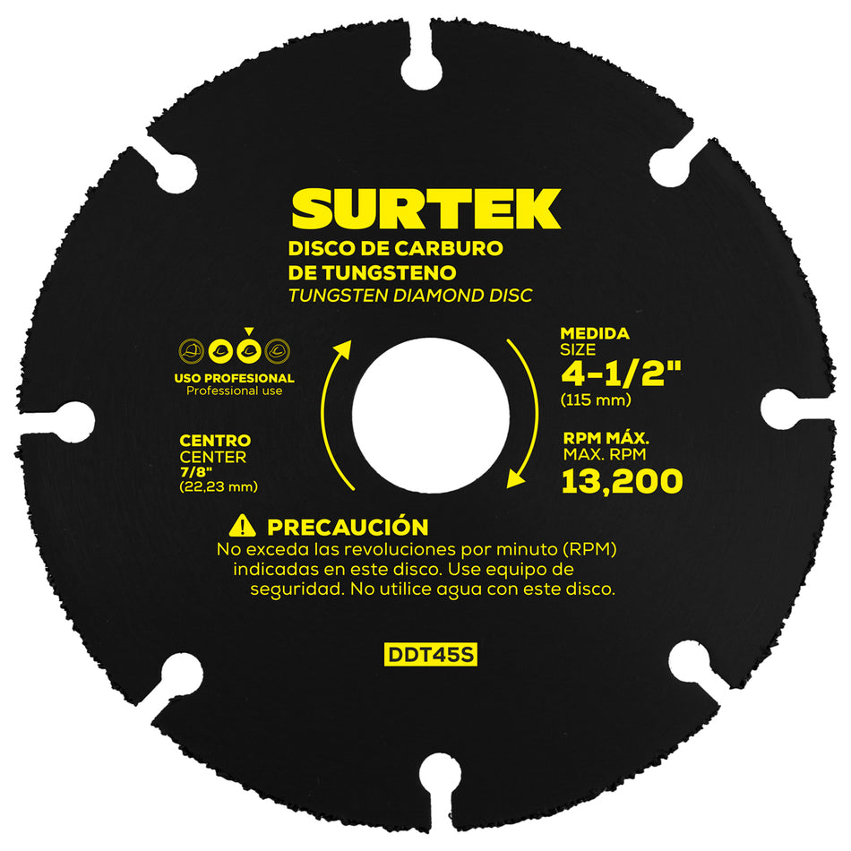 DISCO DE DIAMANTE MULTI-CORTE PUNTA DE CARBURO DE TUNGSTENO, 4-1/2" SKU DDT45S0
