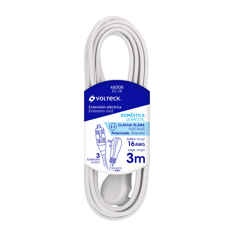 Extensión eléctrica doméstica 3 m blanca con clavija plana SKU ED-3B0