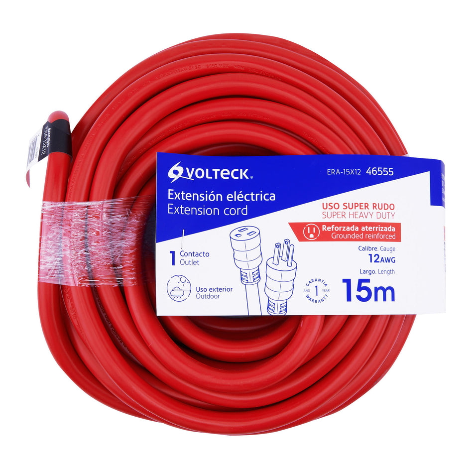 Extensión reforzada aterrizada 15 m 3x12 AWG, Volteck SKU ERA-15X120