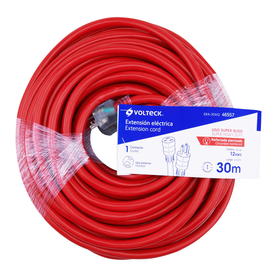 Extensión reforzada aterrizada 30 m 3x12 AWG, Volteck SKU ERA-30X120