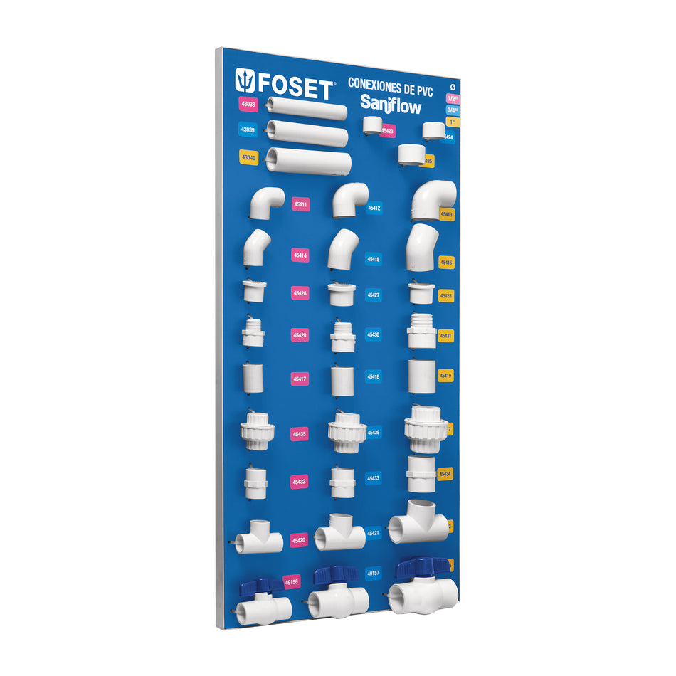 Exhibidor de conexiones de PVC hidráulico, cédula 40 SKU EX-PVC-FOS