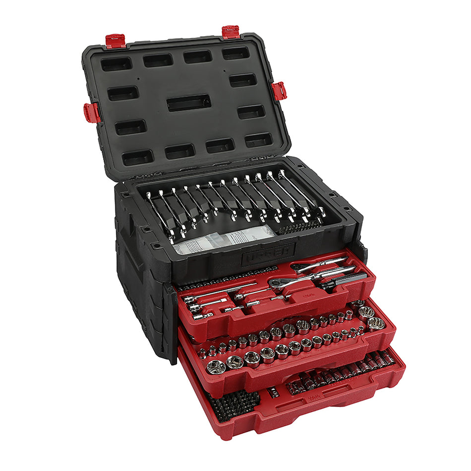 JUEGO COMBINADO DE HERRAMIENTA PARA MECANICO CON CAJA PLASTICA DE 3 GAVETAS 450 PIEZAS SKU JCB01