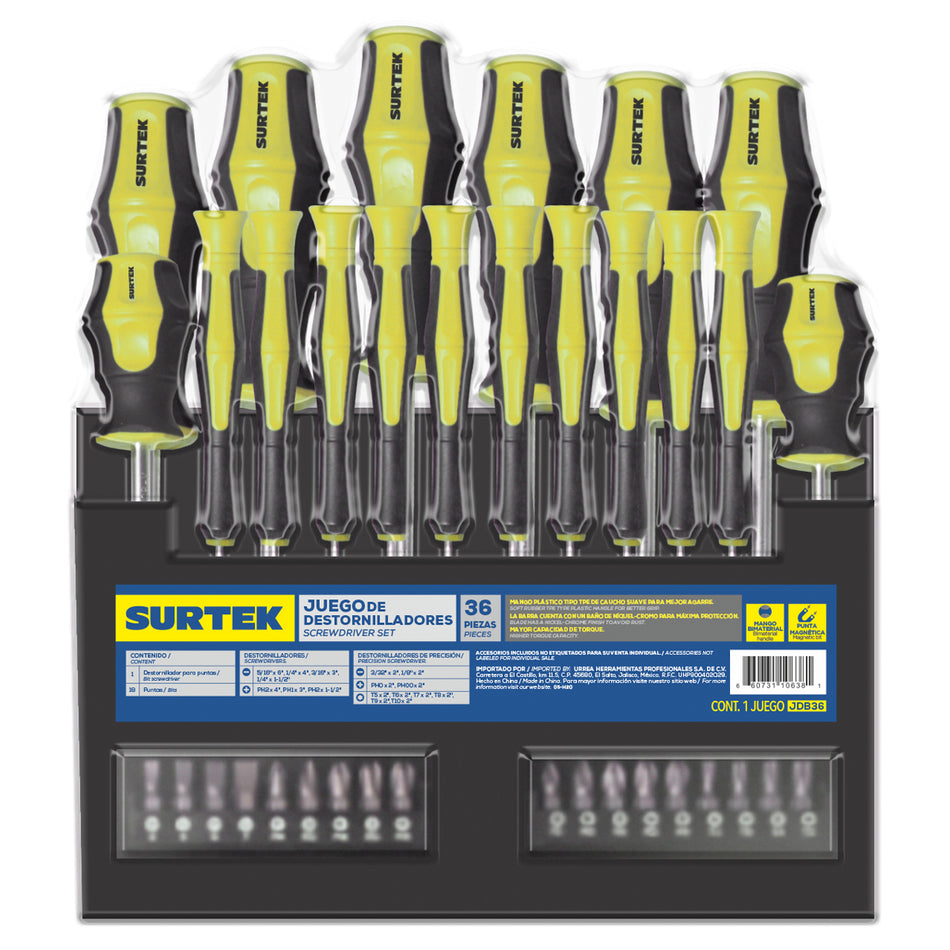 JUEGO DE DESTORNILLADORES CON MANGO BIMATERIAL COMBINADOS, 36 PIEZAS EN RACK SKU JDB360
