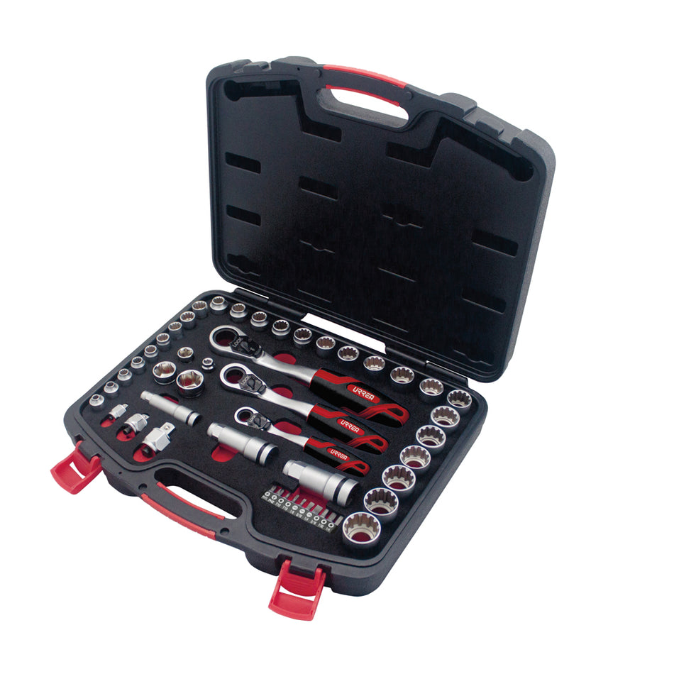 JUEGO DE DADOS Y ACCESORIOS CUADRO DE 1 4 3 8 Y 1 2 GO THROUGH COMBINADO 49 PIEZAS SKU JGT01