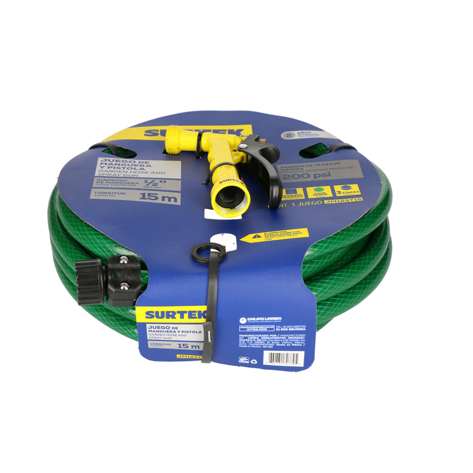 MANGUERA PARA JARDAN TRAMADA VERDE CON PISTOLA PARA RIEGO 1/2", 15 M SKU JM12ST150