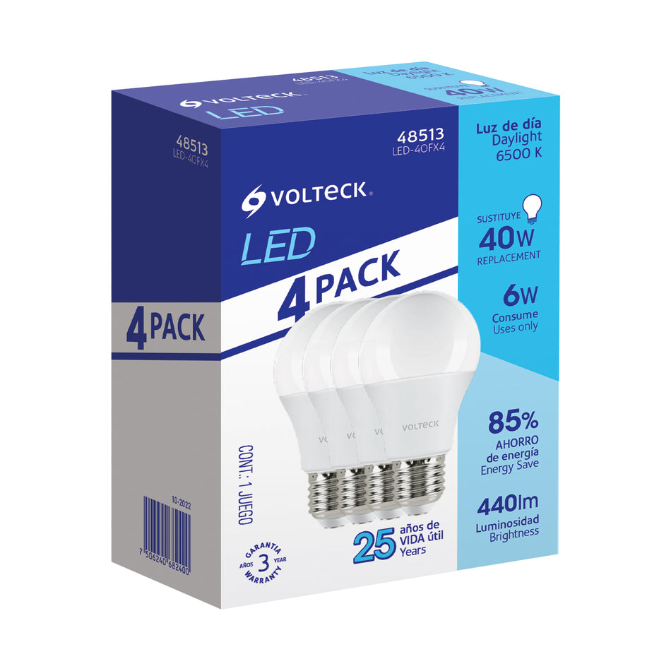 Pack de 4 lámparas LED A19 6 W (equiv. 40 W), luz de día SKU LED-40FX40