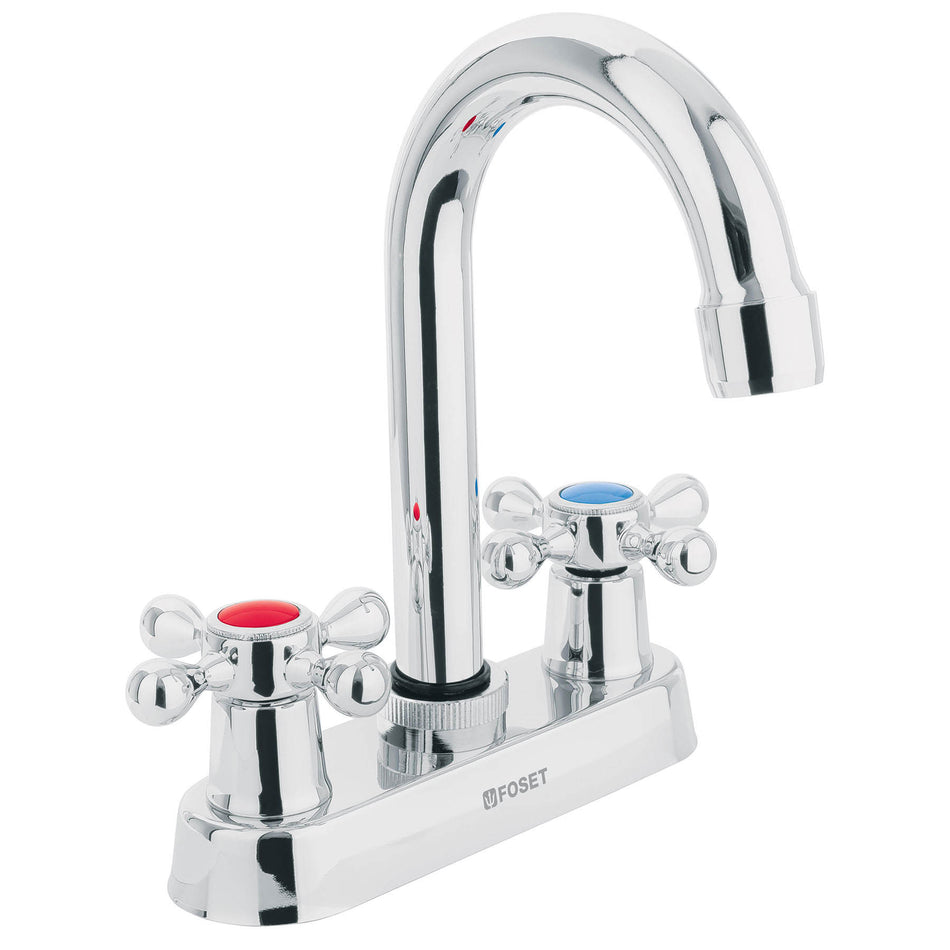 Mezcladora 4' para lavabo, cuello bar, manerales cruceta SKU M-060E