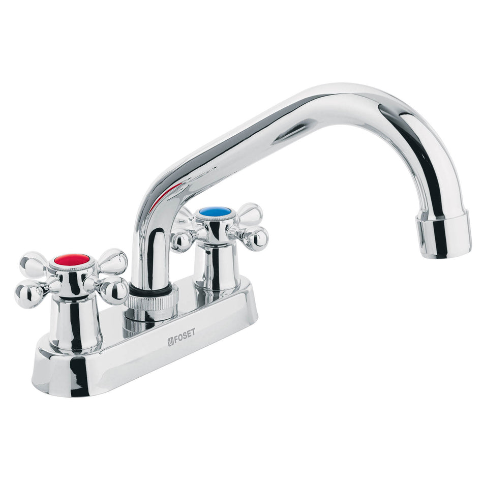 Mezcladora 4' para lavabo, cuello tubular, manerales cruceta SKU M-070E