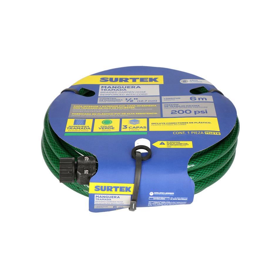 MANGUERA PARA JARDAN TRAMADA VERDE CON CONECTOR PLASTICO 1/2", 6 M SKU M12T60