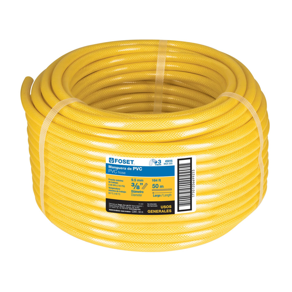 Manguera para gas, PVC amarilla, 3/8'x50m, s/conexión, Foset SKU MGA-500