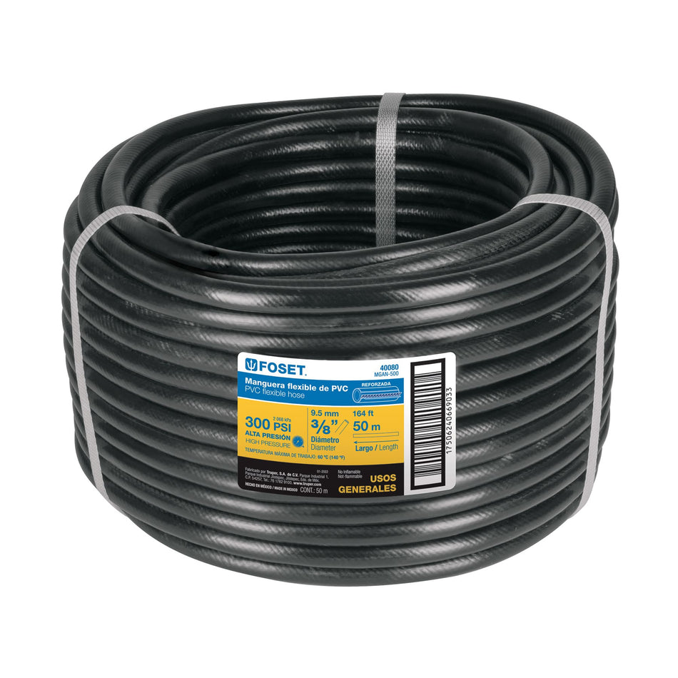 Manguera para gas, PVC negra, 3/8'x50 m, s/conexión, Foset SKU MGAN-500