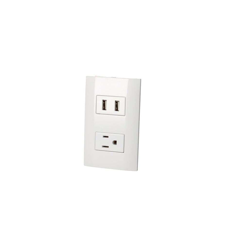 PLACA 1 CONTACTO 1 USB DOBLE 1/3, LANEA AMERICANA, COLOR BLANCO SKU P432B0