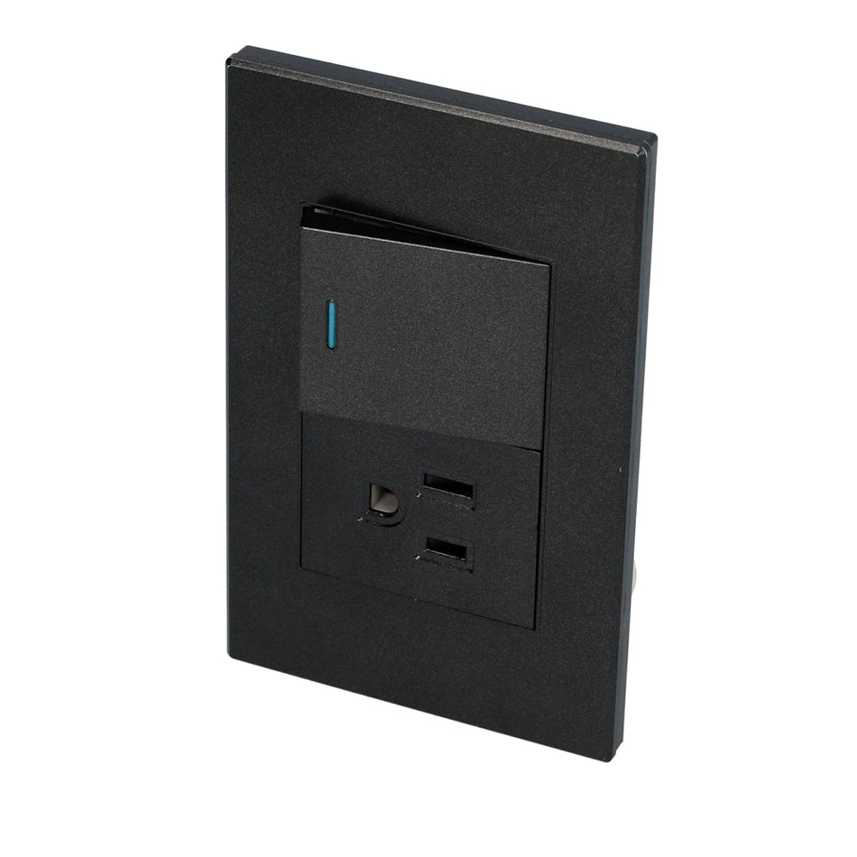 PLACA 1 INTERRUPTOR 1 CONTACTO 1/2, LANEA PREMIUM, COLOR NEGRO SKU P624N0