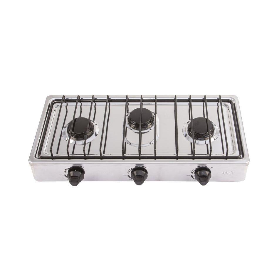 Parrilla de gas de sobreponer 3 quemadores, inox, Foset SKU PAGA-3X