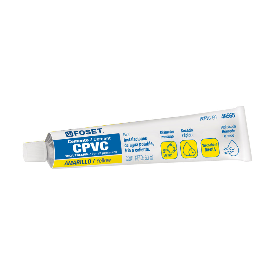 Cemento amarillo p/CPVC en tubo de 50 ml, baja presión,Foset SKU PCPVC-50