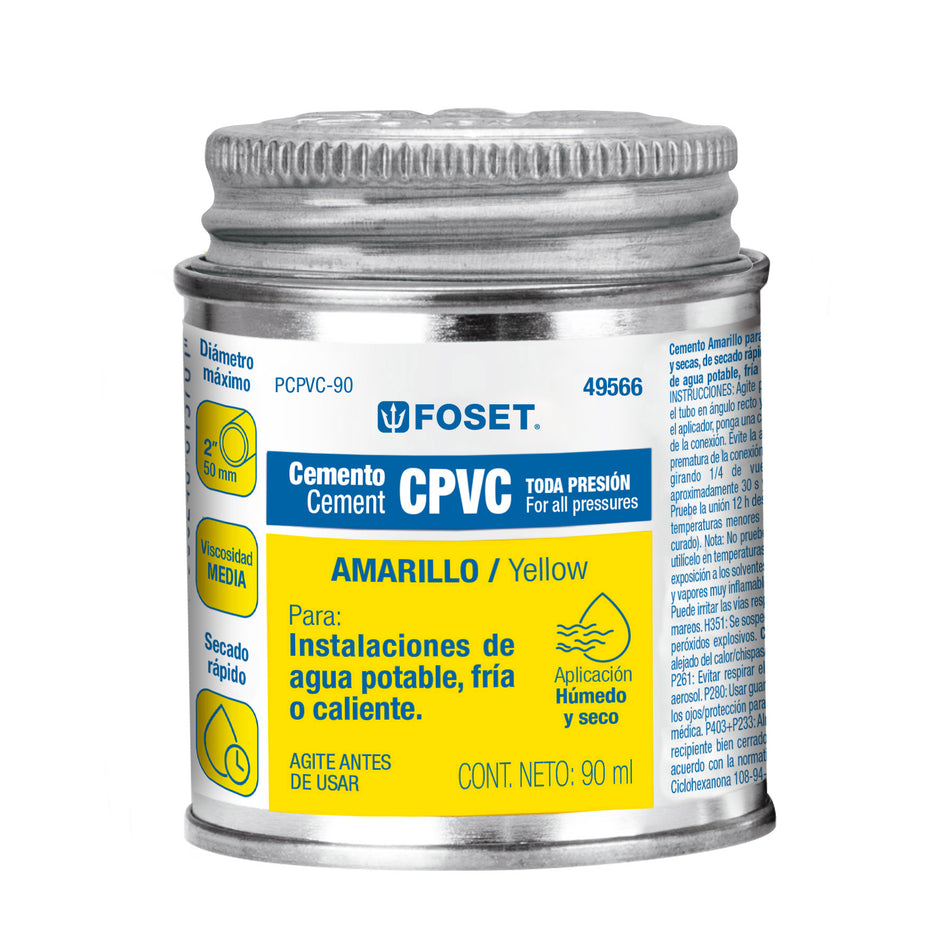 Cemento amarillo p/CPVC en bote de 90 ml, baja presión,Foset SKU PCPVC-90