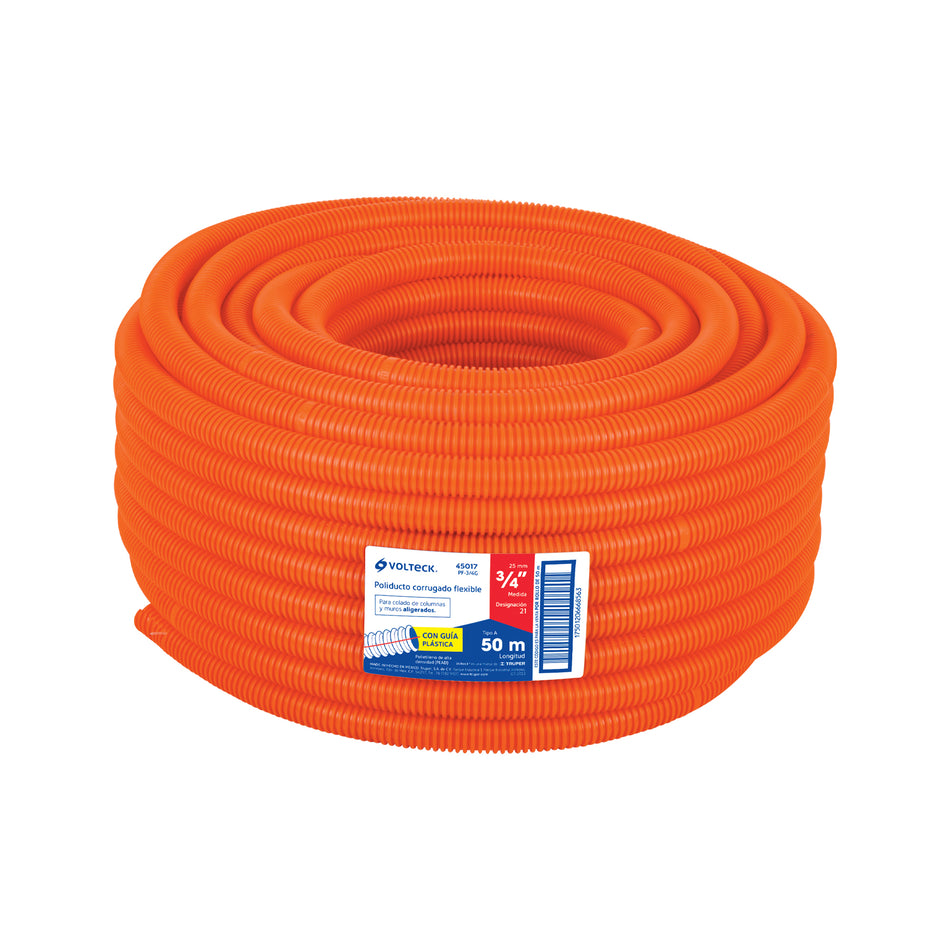 Metro de poliducto 3/4' corrugado flex. c/guía, rollo 50 m SKU PF-3/4G0