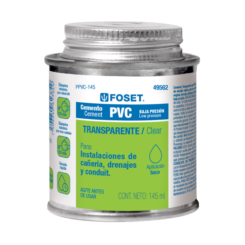 Cemento para PVC en bote de 145 ml, baja presión, Foset SKU PPVC-145