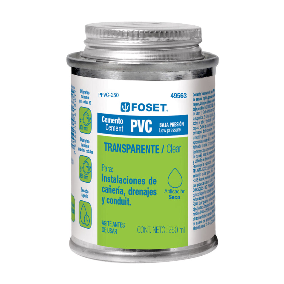 Cemento para PVC en bote de 250 ml, baja presión, Foset SKU PPVC-250