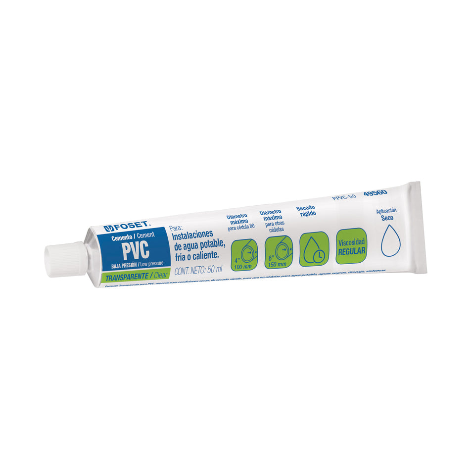 Cemento para PVC en tubo de 50 ml, baja presión, Foset SKU PPVC-50