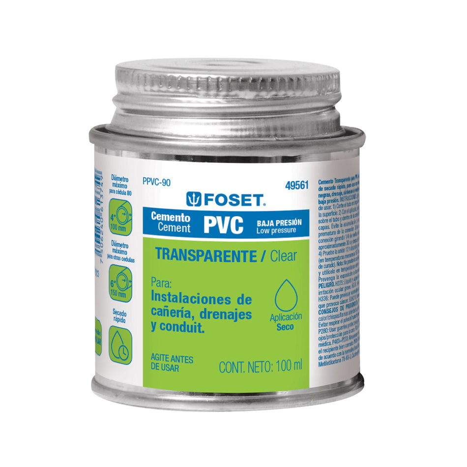 Cemento para PVC en bote de 90 ml, baja presión, Foset SKU PPVC-90