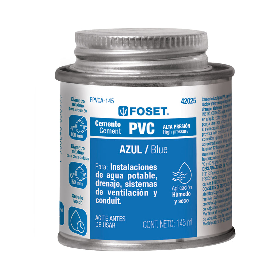 Cemento azul para PVC en bote de 145 ml, alta presión, Foset SKU PPVCA-145