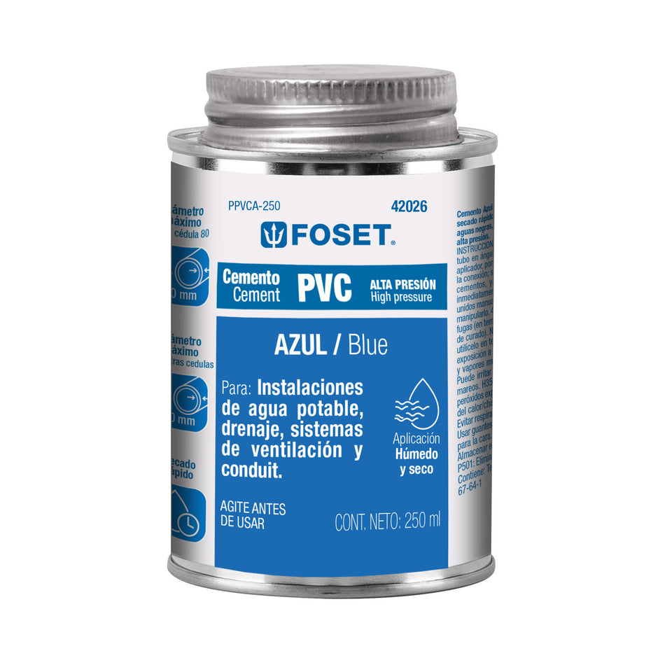 Cemento azul para PVC en bote de 250 ml, alta presión, Foset SKU PPVCA-250