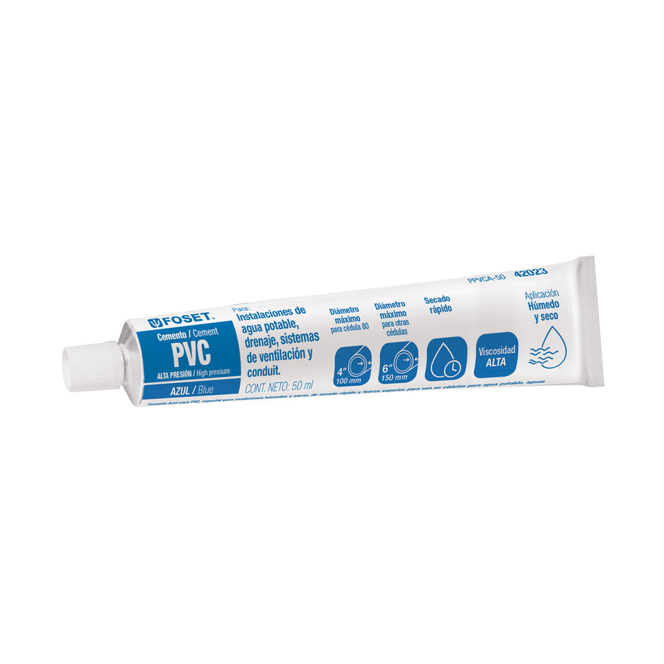 Cemento azul para PVC en tubo de 50 ml, alta presión, Foset SKU PPVCA-50