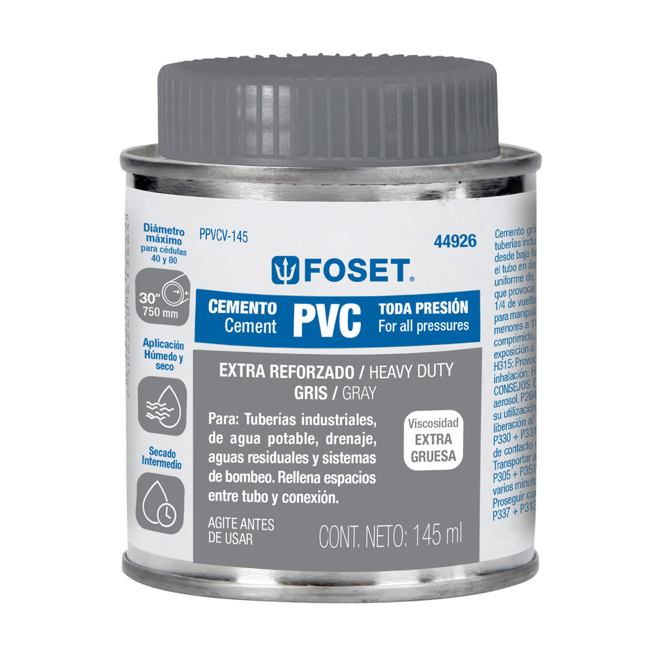 Cemento para PVC en bote de 145 ml, alta viscosidad, Foset SKU PPVCV-145