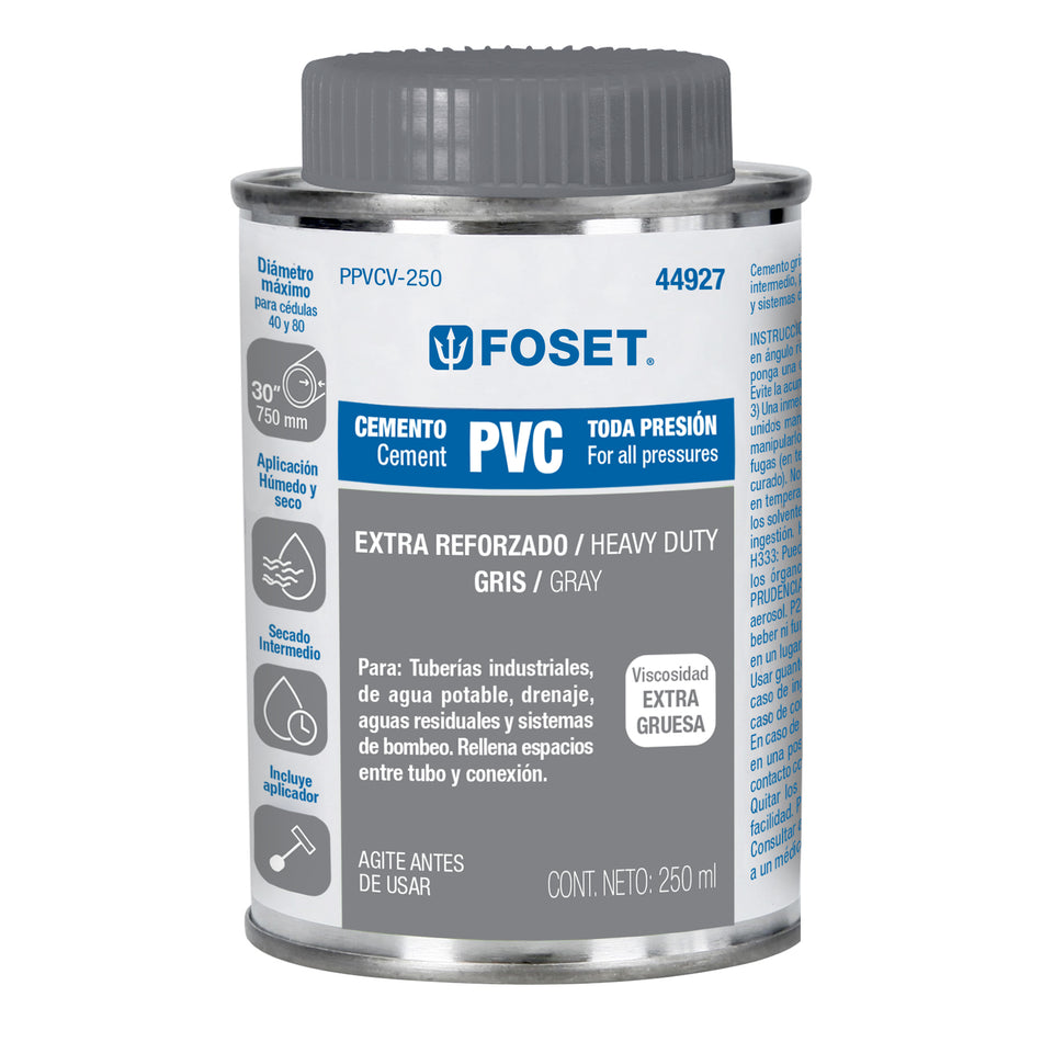 Cemento para PVC en bote de 250 ml, alta viscosidad, Foset SKU PPVCV-250