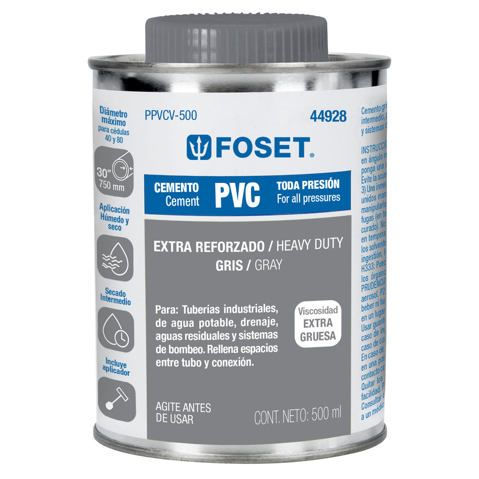 Cemento para PVC en bote de 500 ml, alta viscosidad, Foset SKU PPVCV-500