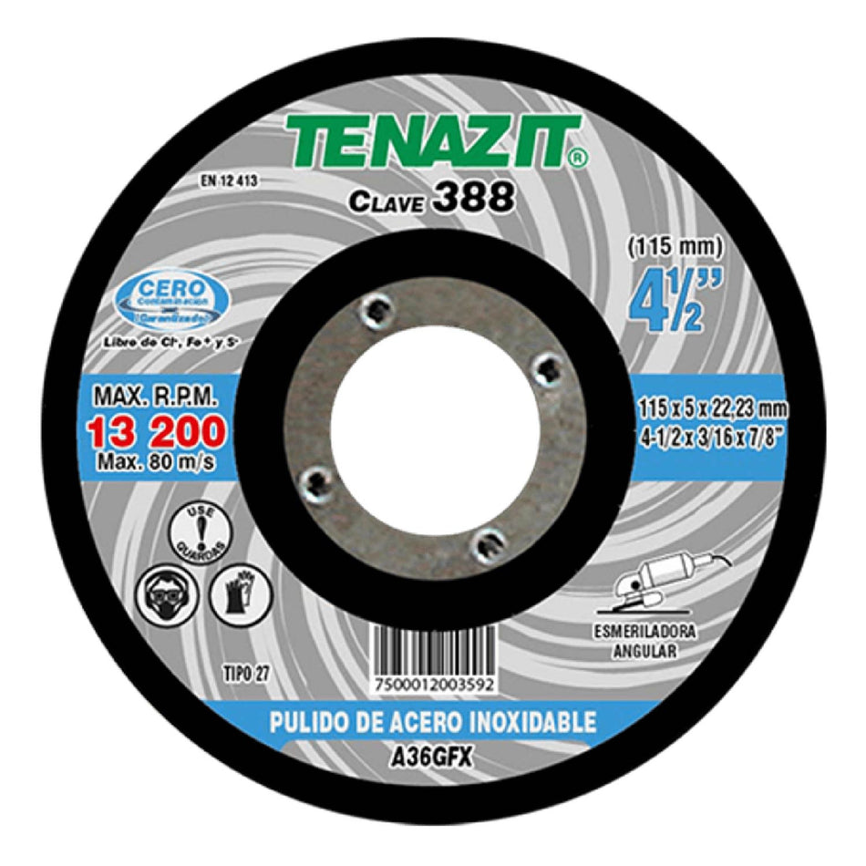 DISCO DE PULIDO PARA ACERO INOXIDABLE TENAZIT G-36 7X3/16X7/8 SKU QAX384