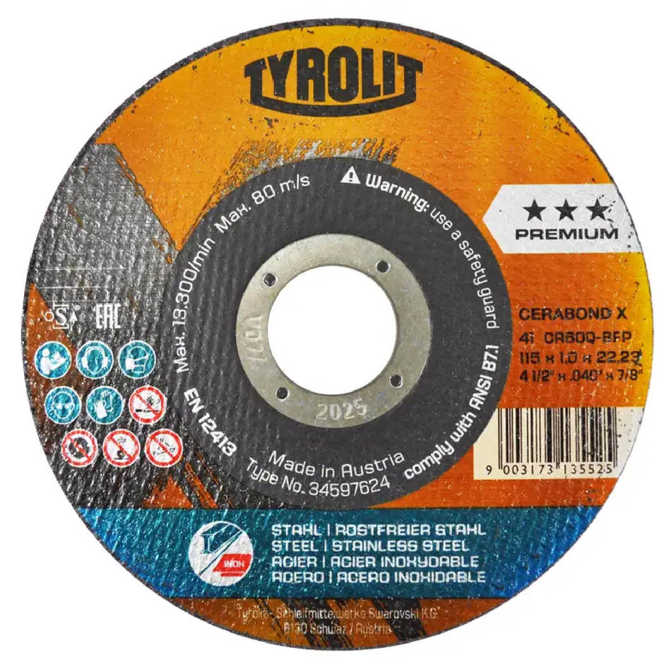 DISCO DE CORTE 2 EN 1 ACERO AL CARBÓN E INOXIDABLE TYROLIT CERABOND G-60 4-1/2X0.04X7/8 SKU QAX4250